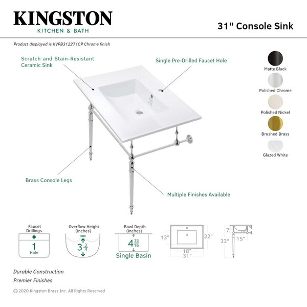 KVPB312271CP Edwardian 31 Console Sink Set, White/Polished Chrome